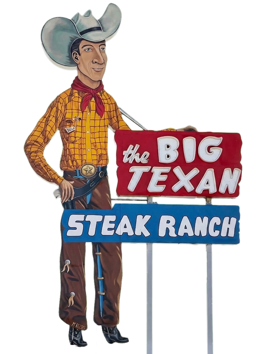 The Big Texan painted steel-frame cowboy holding the BIG TEXAN STEAK RANCH billboard sign as a floating cutout